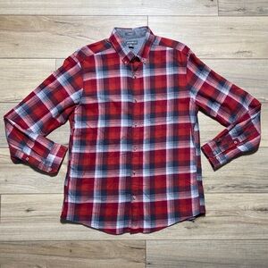 Eddie‎ Bauer Mens Plaid Long Sleeve Button Down Shirt Size Medium Red And Gray